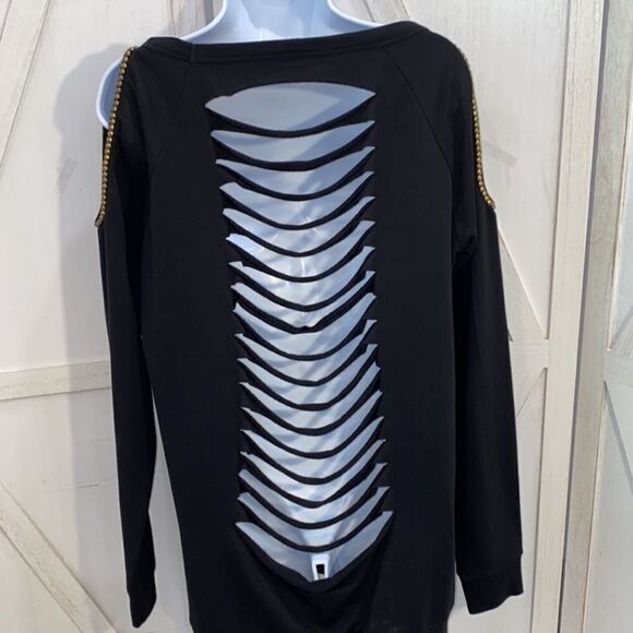 Guess Studded Cold Shoulder Logo Sweatshirt In Black & Gold Size Medium - Picture 10 of 11